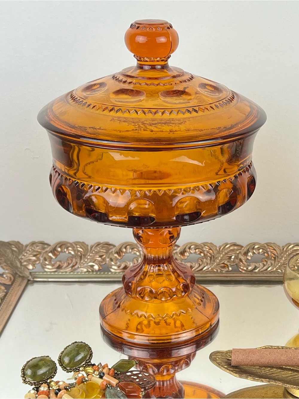 Vtg 1960-70s Amber King's Crown Pedestal Candy Dish Thumbprint Lidded Compote